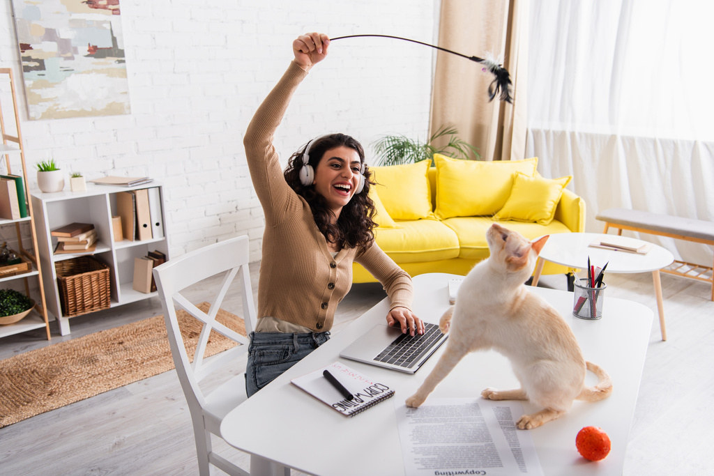Lachende freelancer in hoofdtelefoon spelen met oosterse kat in de buurt van kranten en laptop thuis  - Foto, afbeelding
