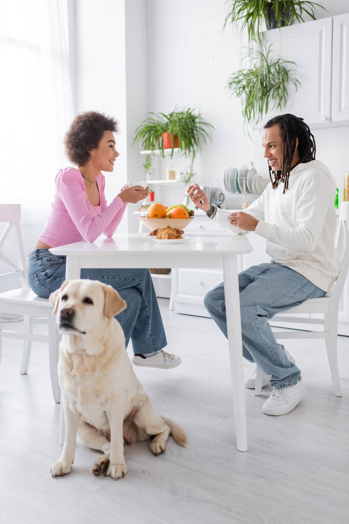 Pozitív afro-amerikai pár beszél közel reggeli és labrador kutya a konyhában  - Fotó, kép