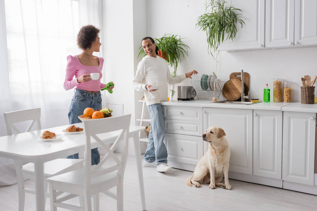 Joyeux couple afro-américain nettoyage cuisine et parler près de labrador à la maison  - Photo, image