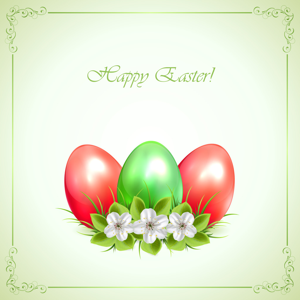 Tres huevos de Pascua decorativos sobre fondo verde
 - Vector, Imagen
