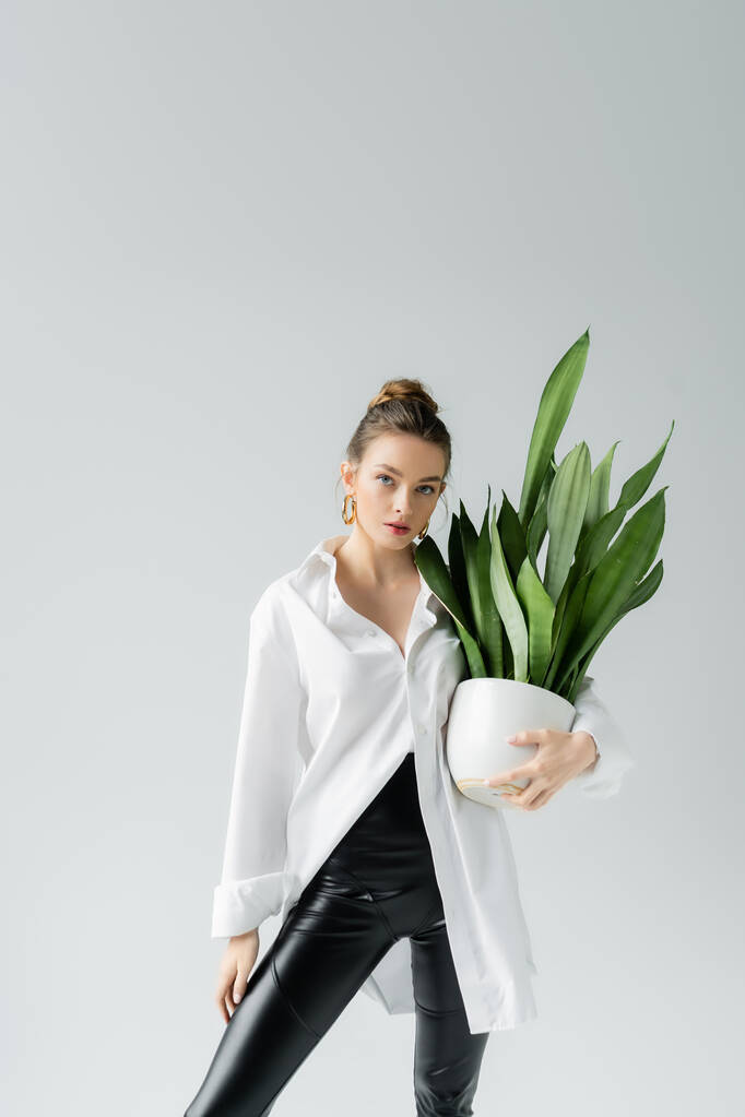 νεαρή γυναίκα σε λευκό oversize πουκάμισο κρατώντας γλάστρα με εξωτικό φυτό που απομονώνονται σε γκρι - Φωτογραφία, εικόνα