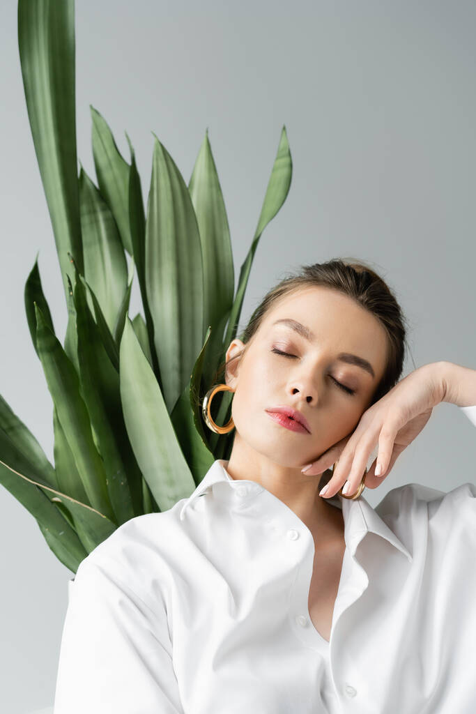 portrait of sensual woman holding hand near face while posing with closed eyes near green plant isolated on grey - Foto, afbeelding