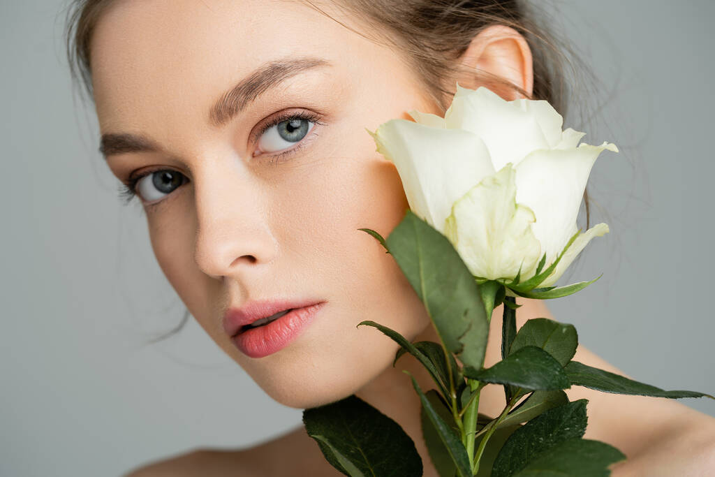 portrait of pretty woman with natural makeup on perfect face looking at camera near white rose isolated on grey - Foto, imagen