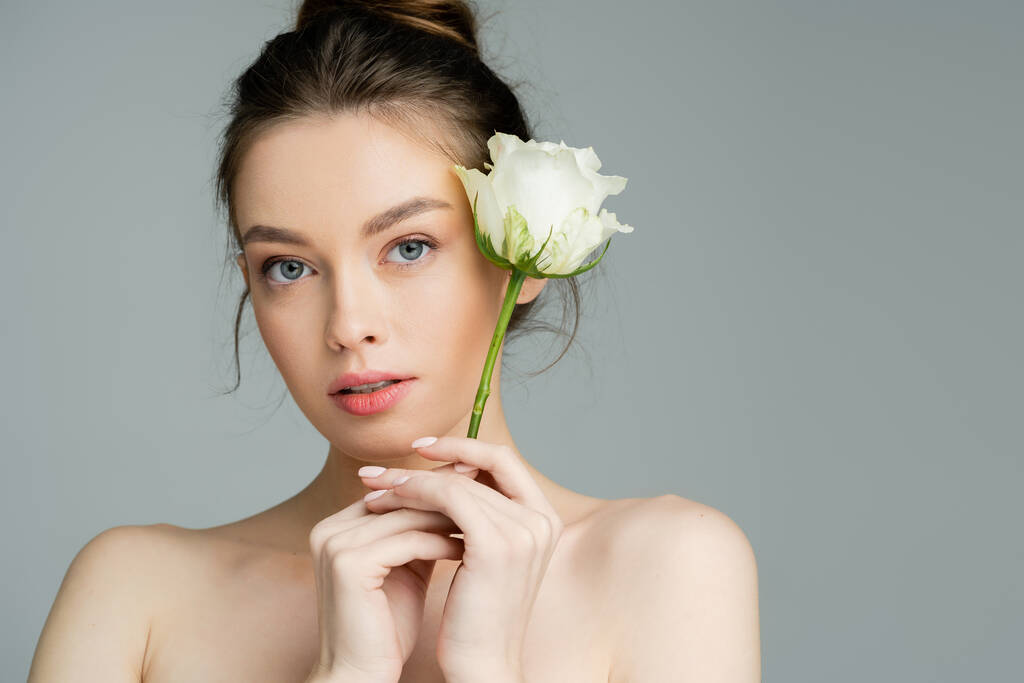 młoda kobieta z nagimi ramionami trzyma białą różę i patrzy w kamerę odizolowaną na szaro - Zdjęcie, obraz