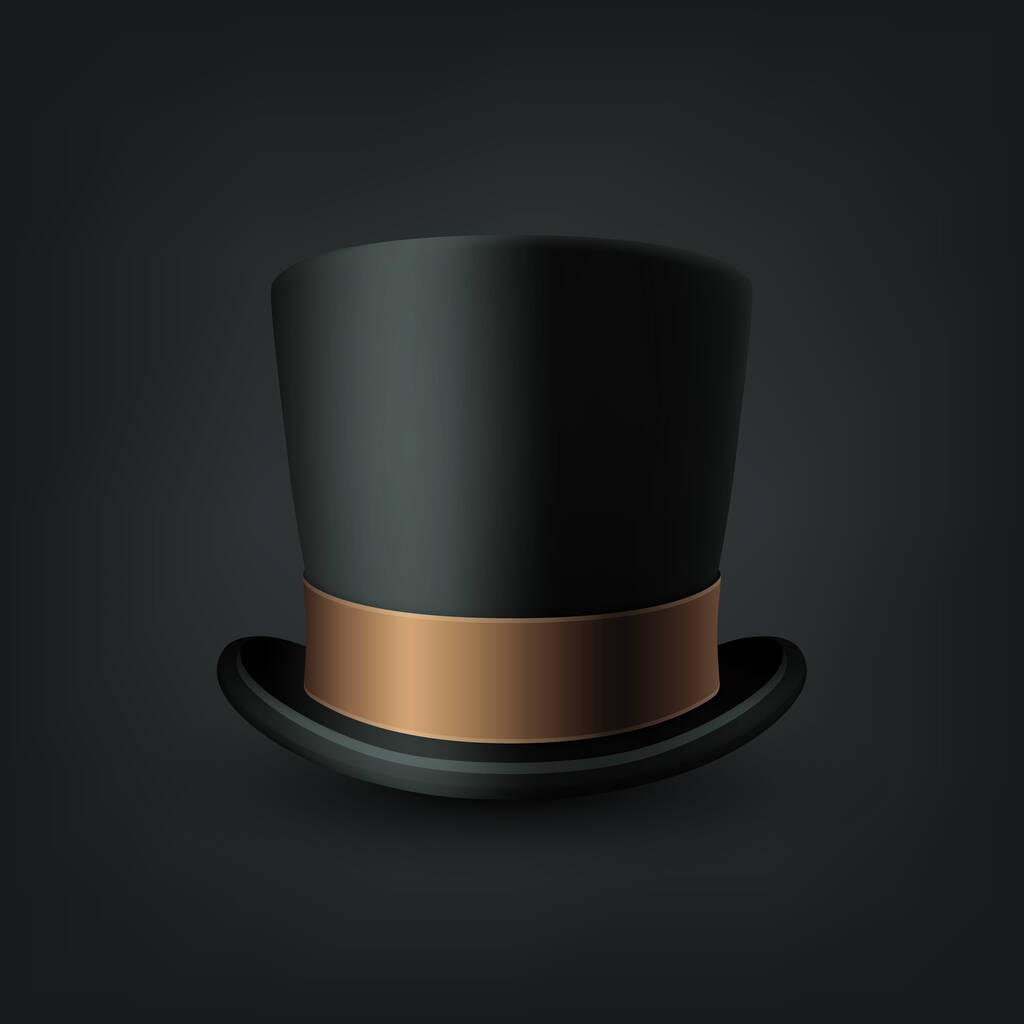 Vektor 3d realistické Black Top klobouk s hnědou zlatou stuhou Closeup Izolované na černém pozadí. Classic Retro Vintage Top Hat, Vintage Gentlemans pánská čepice, přední pohled. - Vektor, obrázek