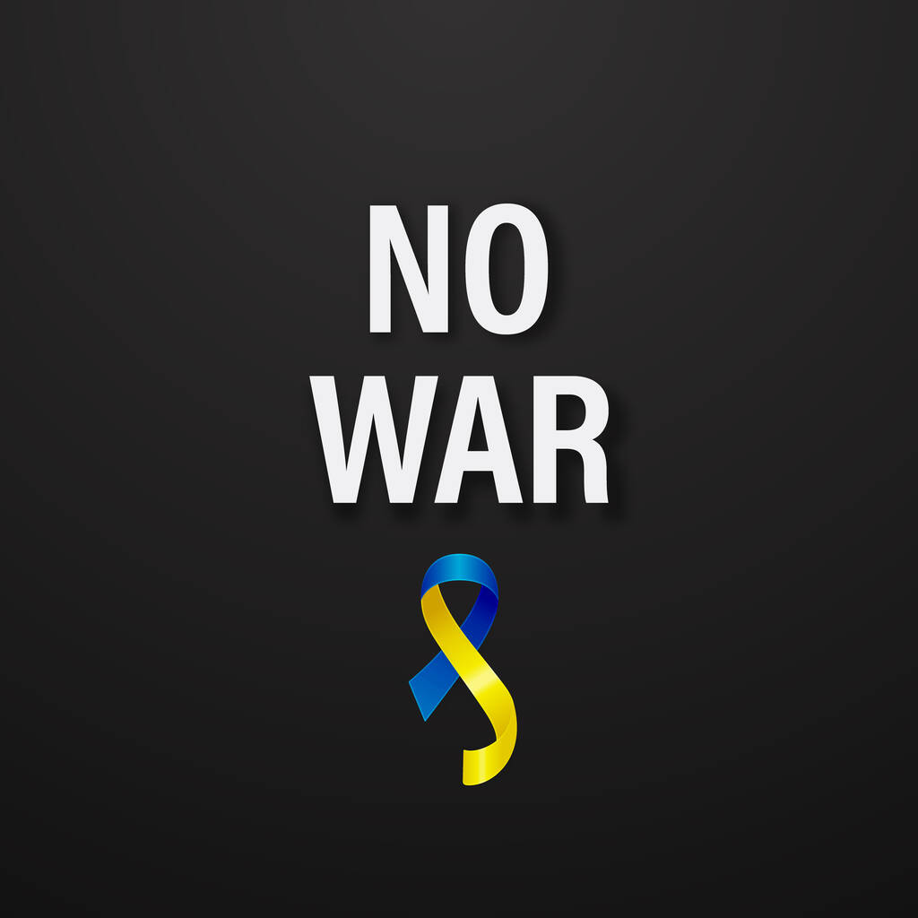 Δεν υπάρχει πόλεμος στην Ουκρανία. Αντιπολεμική πρόσκληση με το Smbol of Peace με μπλε και κίτρινη μεταξωτή κορδέλα. Ukranian σημαία χρώματα. Αγώνας, διαμαρτυρία, υποστήριξη Ουκρανία, Slogan. Εικονογράφηση διανύσματος. - Διάνυσμα, εικόνα