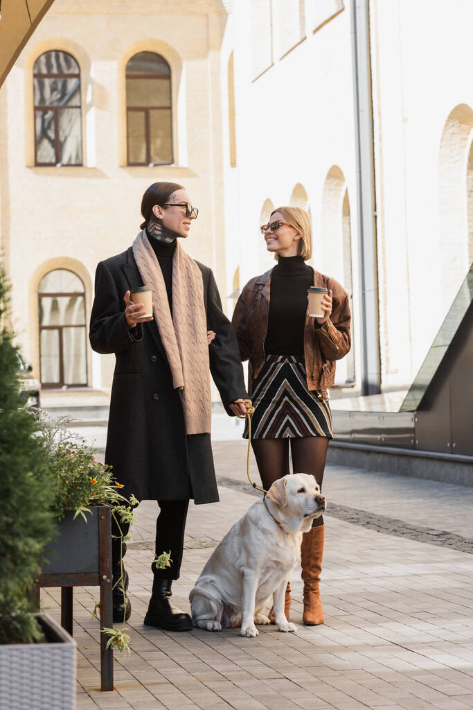 pełna długość wesołej pary w stylowych okularach przeciwsłonecznych trzymających papierowe kubki podczas spaceru z psem  - Zdjęcie, obraz