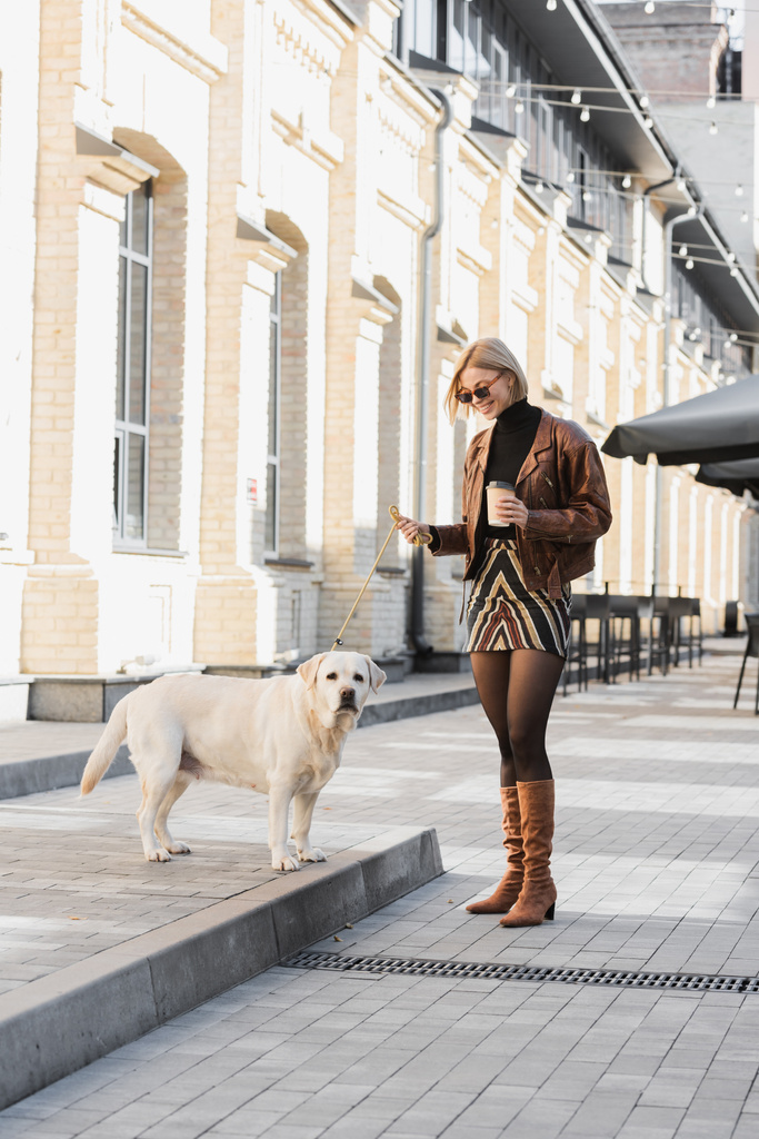 plná délka veselá žena v módní sluneční brýle s úsměvem a drží kávu jít při chůzi s labrador  - Fotografie, Obrázek