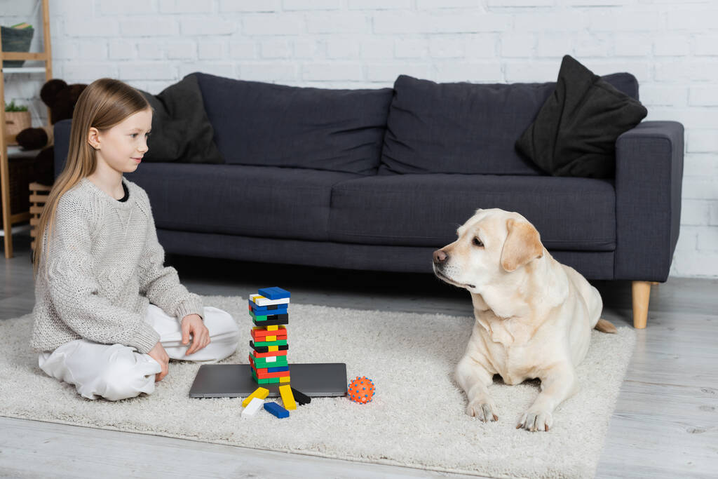 happy girl and labrador dog looking at each other near wood blocks game and laptop on floor in living room - Valokuva, kuva