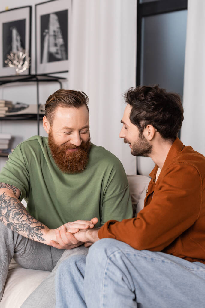 Sonriendo pareja del mismo sexo tomados de la mano en el sofá en la sala de estar  - Foto, Imagen
