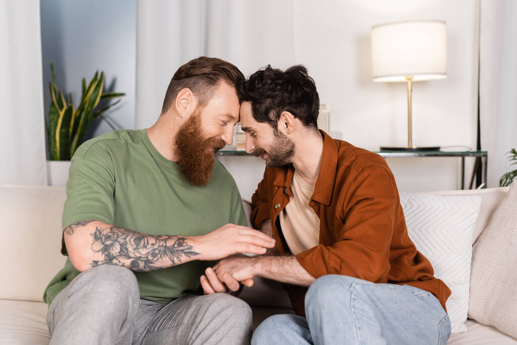 Вид сбоку однополой пары, держащейся за руки на диване дома  - Фото, изображение