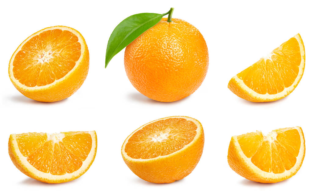 Kokoelma appelsiini viipale. Oranssi eristetty valkoisella pohjalla. Appelsiinihedelmien leikkausreitti. Oranssi makro studio kuva - Valokuva, kuva