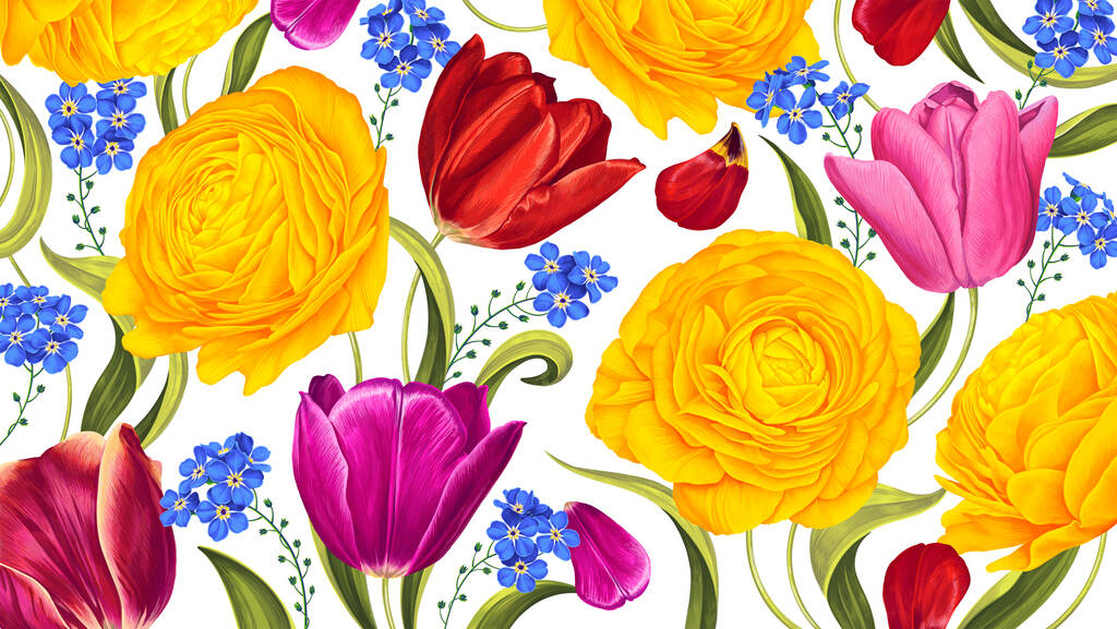 Kukka tausta kirkas kevät Toukokuu kukkia. Keltainen Ranunculus ja värikkäät tulppaanit. Käsin piirretty vektori realistisia kukkia. Malli postikorteille, mainosjulisteille, vaatepainatuksille. - Vektori, kuva