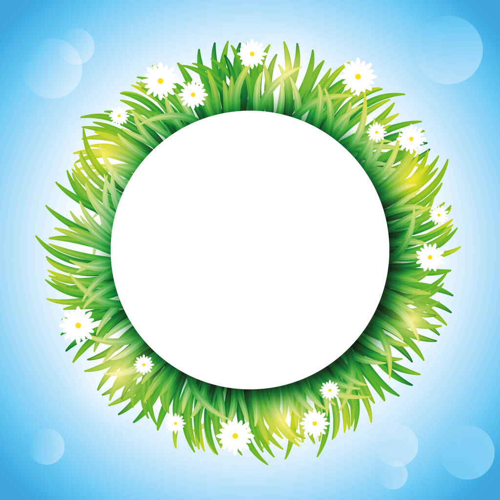 Green grass with flowers round circle frame vector illustration - Vector, Image