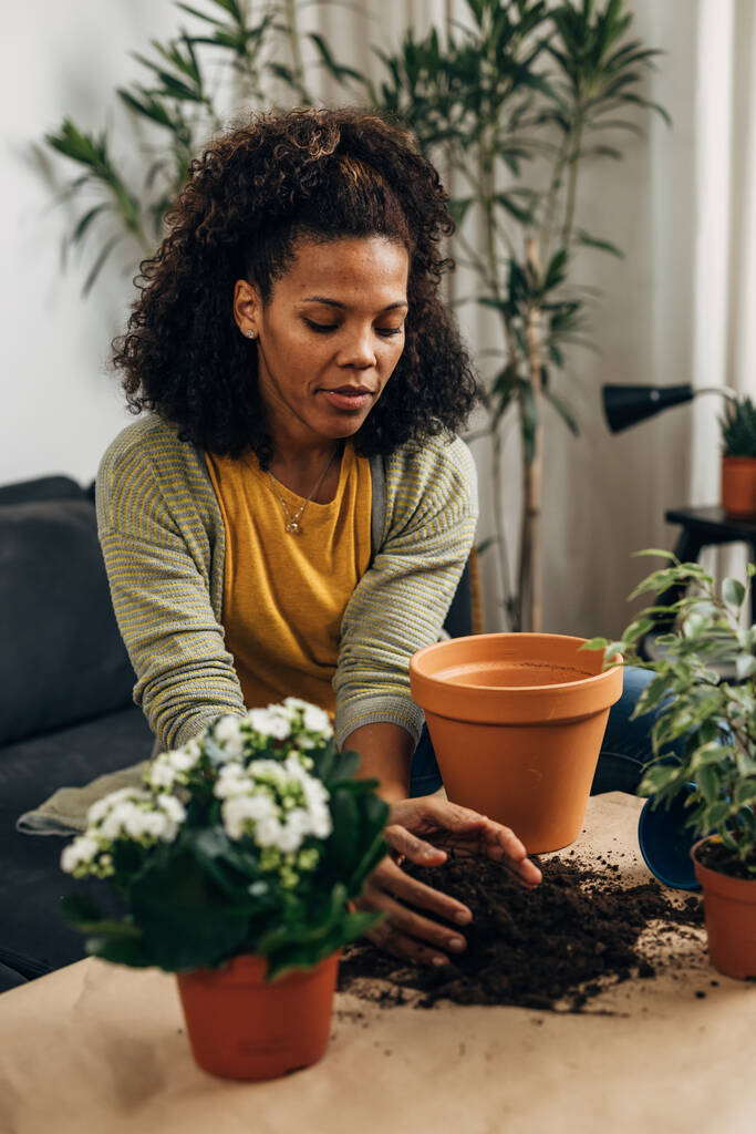 Middle aged woman is putting soil in a flowerpot - Φωτογραφία, εικόνα