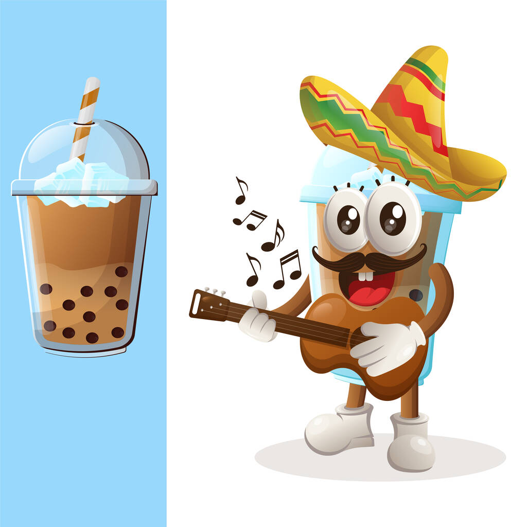 Leuke Bubble Tea mascotte met Mexicaanse muts en spelende gitaar. Perfect voor food store, kleine bedrijven of e-commerce, merchandise en sticker, banner promotie, food review blog of vlog channe - Vector, afbeelding