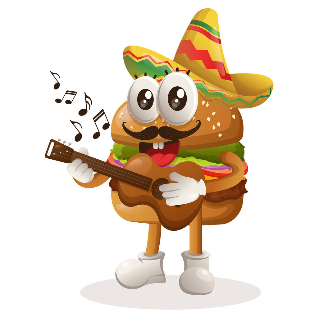 Aranyos hamburger mexikói kalapban gitározik. Tökéletes élelmiszerbolt, kisvállalkozás vagy e-kereskedelem, áru és matrica, banner promóció, élelmiszer felülvizsgálat blog vagy vlog channe - Vektor, kép