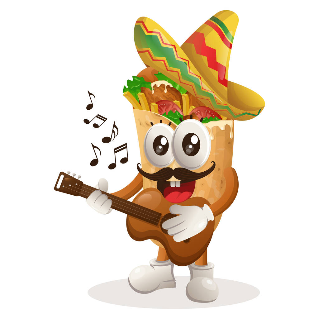 Linda mascota burrito con sombrero mexicano con tocar la guitarra. Perfecto para tiendas de alimentos, pequeñas empresas o comercio electrónico, mercancía y pegatina, promoción de banners, blog de revisión de alimentos o vlog channe - Vector, imagen