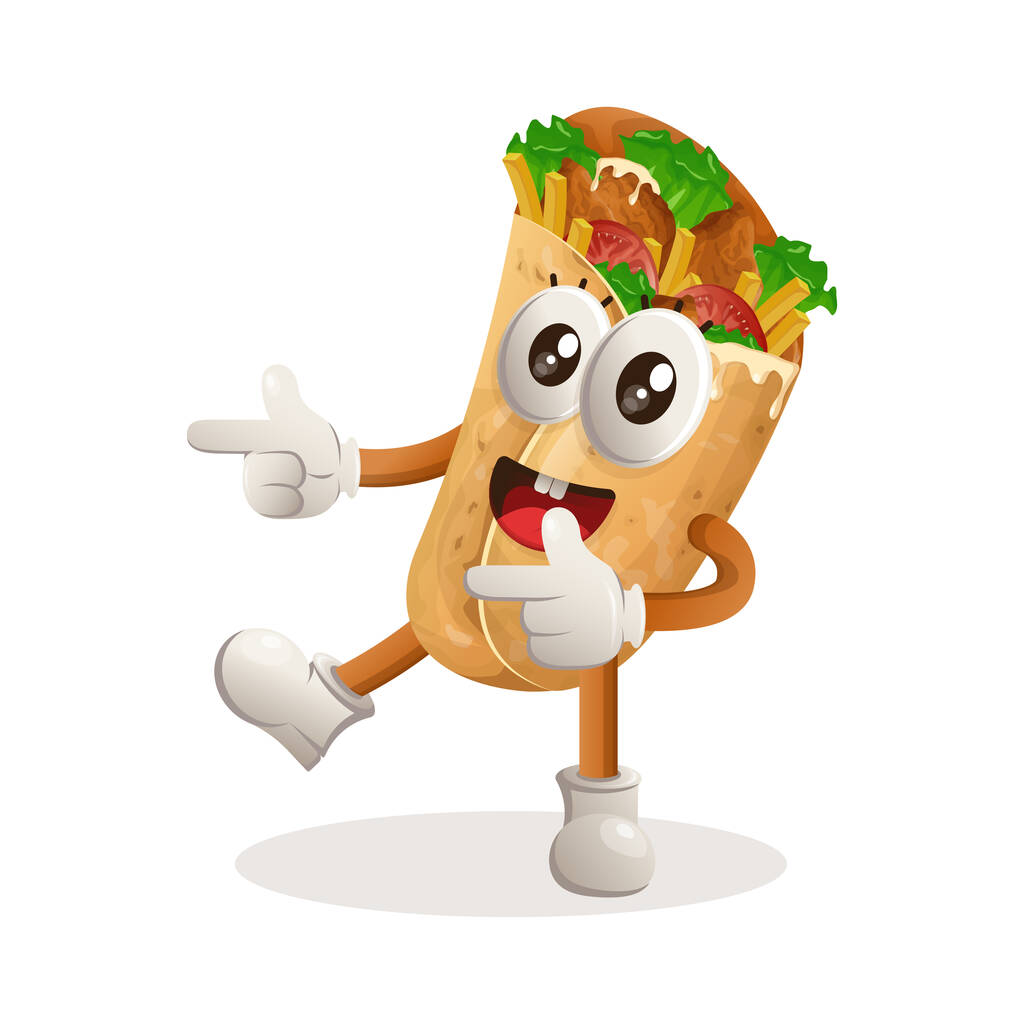 Niedliches Burrito-Maskottchen verspielt mit spitzer Hand. Perfekt für Lebensmittelgeschäft, Kleinunternehmen oder E-Commerce, Waren und Aufkleber, Banner Promotion, Food Review Blog oder vlog channe - Vektor, Bild