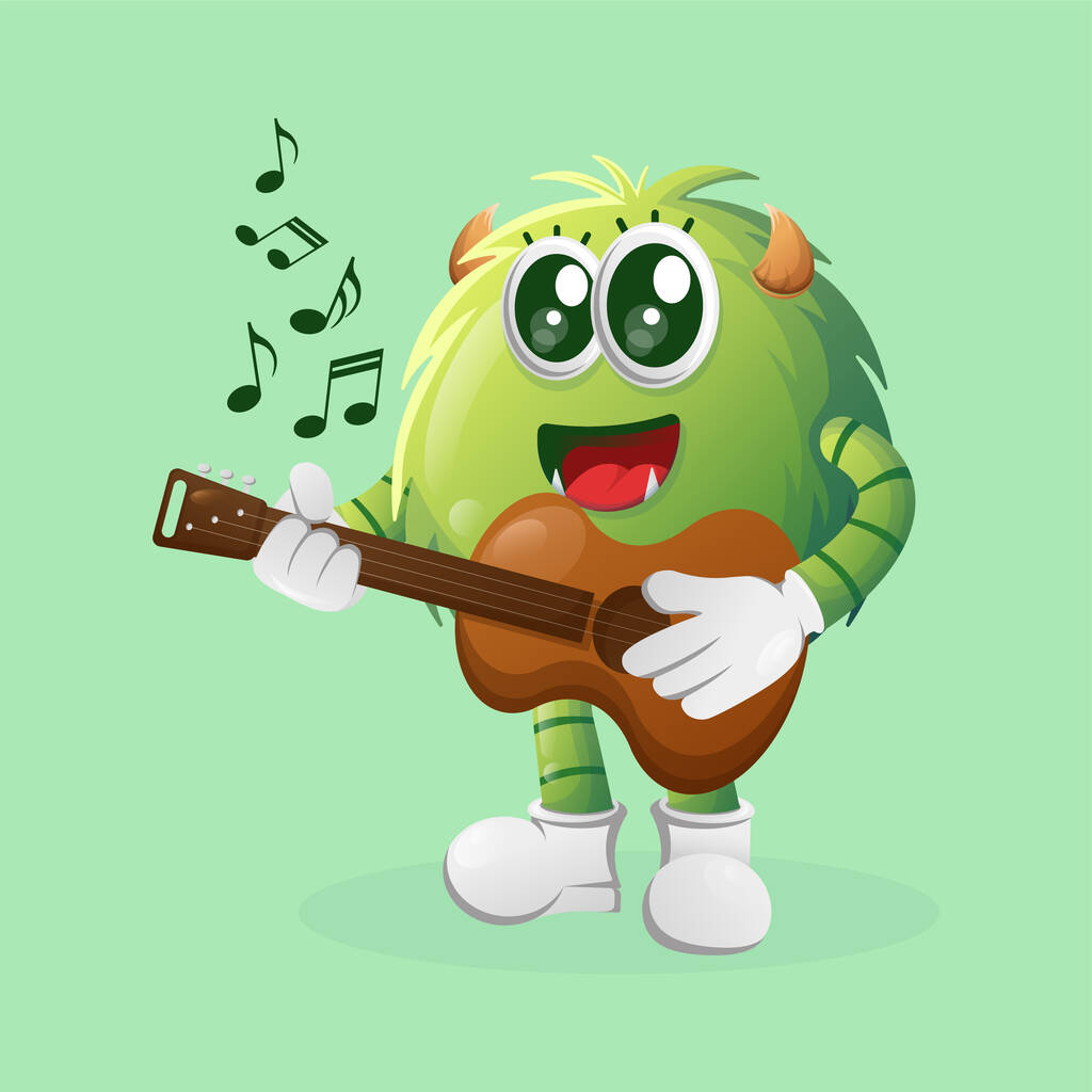 Söpö vihreä hirviö soittaa kitaraa. Täydellinen lapsille, pienyrityksille tai e-Commerce, kauppatavaraa ja tarra, banneri edistäminen, blogi tai vlog channe - Vektori, kuva