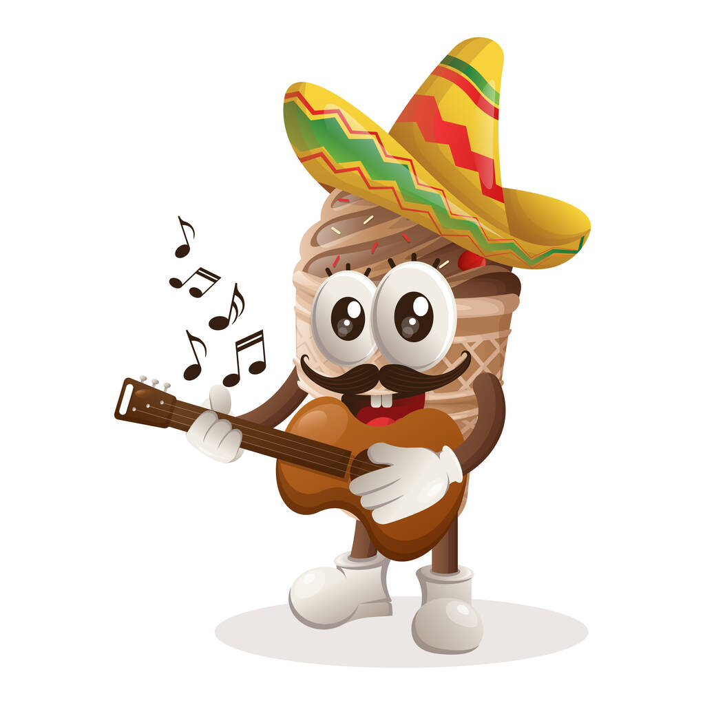 メキシコの帽子をかぶったかわいいアイスクリームマスコットがギターを演奏しています。食品店、中小企業や電子商取引、商品やステッカー、バナープロモーション、食品レビューブログやブログチャンネルに最適です。 - ベクター画像