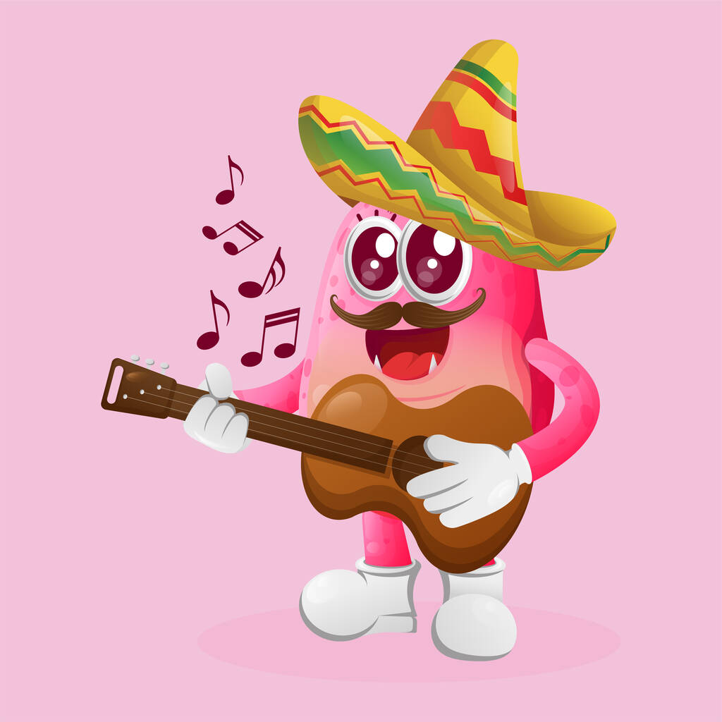 Χαριτωμένο ροζ τέρας φορώντας μεξικάνικο καπέλο με κιθάρα. Ιδανικό για παιδιά, μικρές επιχειρήσεις ή e-Commerce, εμπορεύματα και αυτοκόλλητα, προώθηση banner, blog ή vlog chane - Διάνυσμα, εικόνα