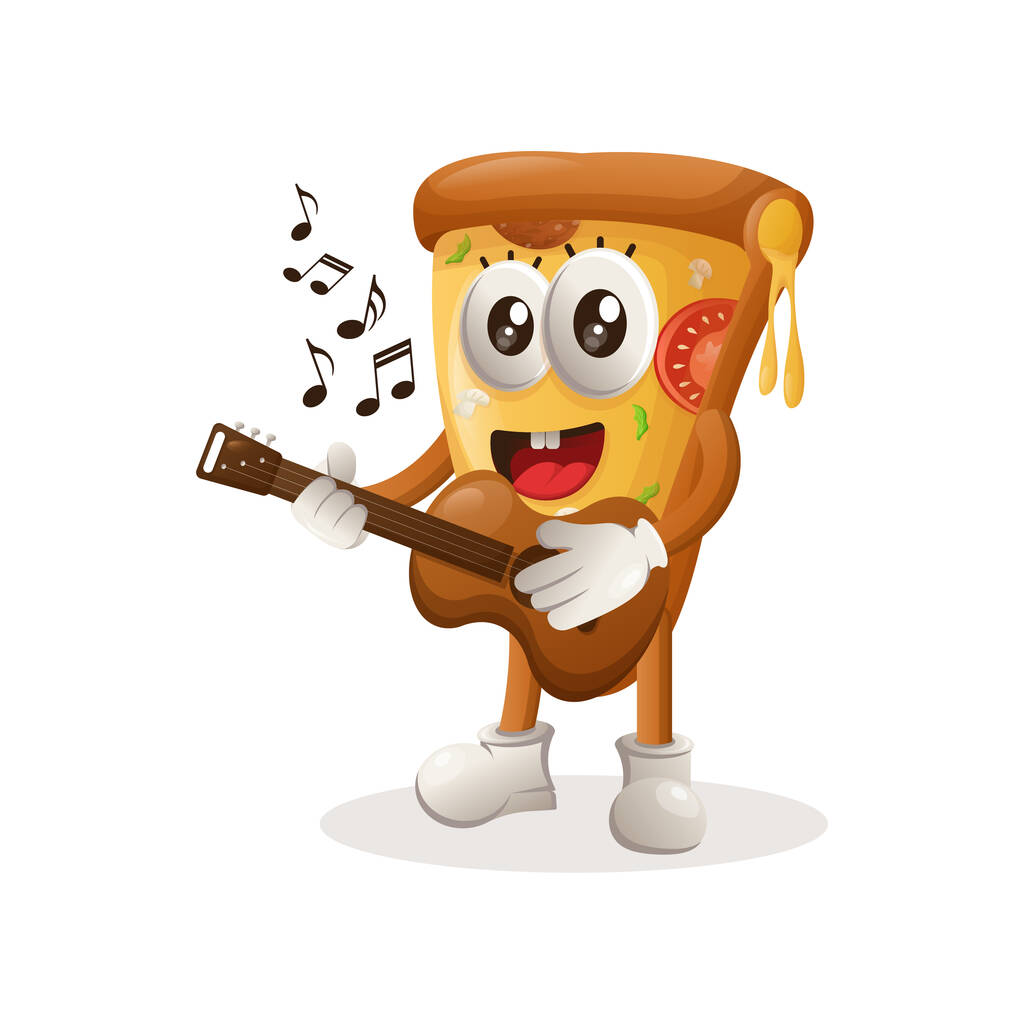 Cute pizza maskotka gra na gitarze. Idealny do sklepu spożywczego, małych firm lub e-commerce, towarów i naklejki, promocji banerów, blog przeglądu żywności lub vlog channe - Wektor, obraz