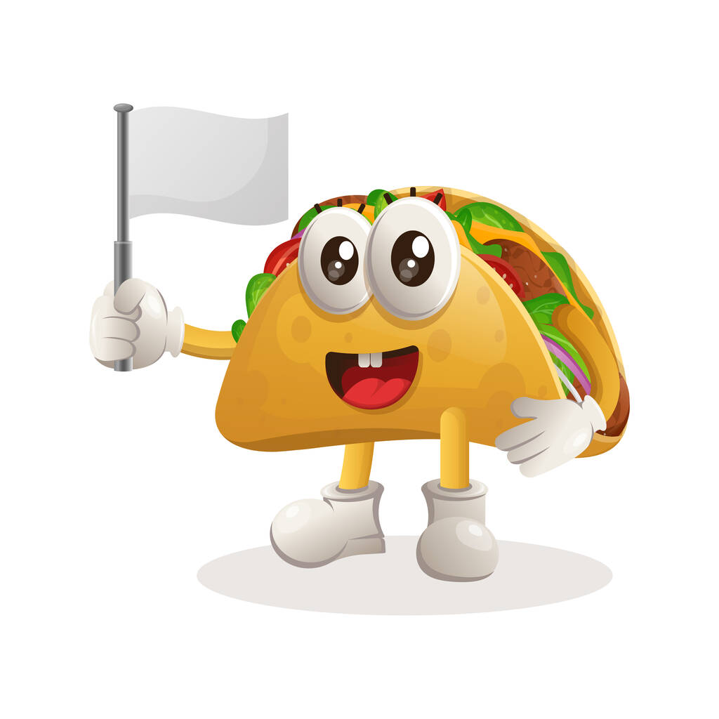 Niedlicher Taco schwenkt weiße leere Flagge. Perfekt für Lebensmittelgeschäft, Kleinunternehmen oder E-Commerce, Waren und Aufkleber, Banner Promotion, Food Review Blog oder vlog channe - Vektor, Bild