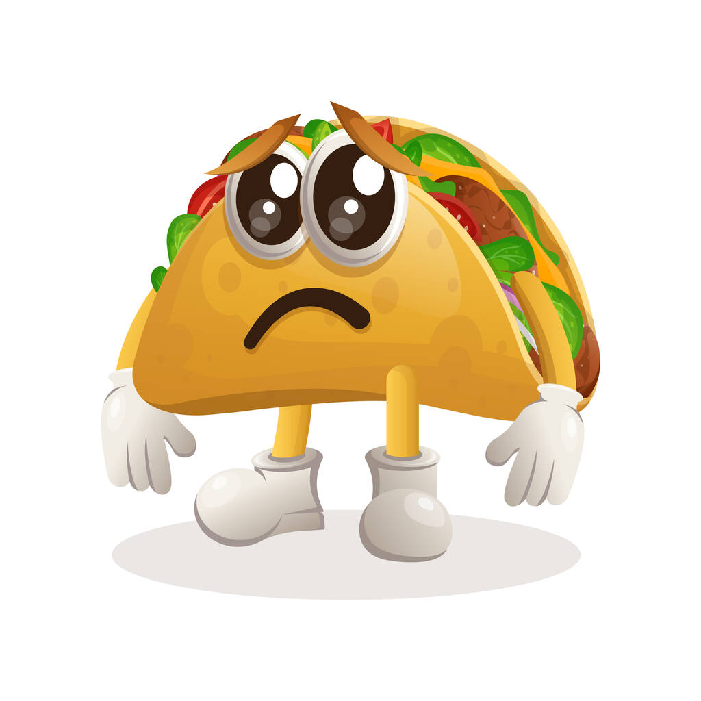 Nettes Taco-Maskottchen mit traurigem Gesichtsausdruck. Perfekt für Lebensmittelgeschäft, Kleinunternehmen oder E-Commerce, Waren und Aufkleber, Banner Promotion, Food Review Blog oder vlog channe - Vektor, Bild