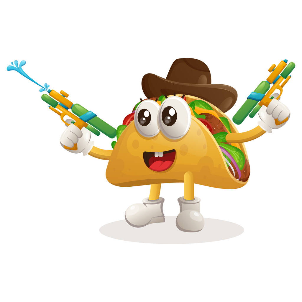 Cute taco maskotka gry z pistoletu wodnego zabawki. Idealny do sklepu spożywczego, małych firm lub e-commerce, towarów i naklejki, promocji banerów, blog przeglądu żywności lub vlog channe - Wektor, obraz