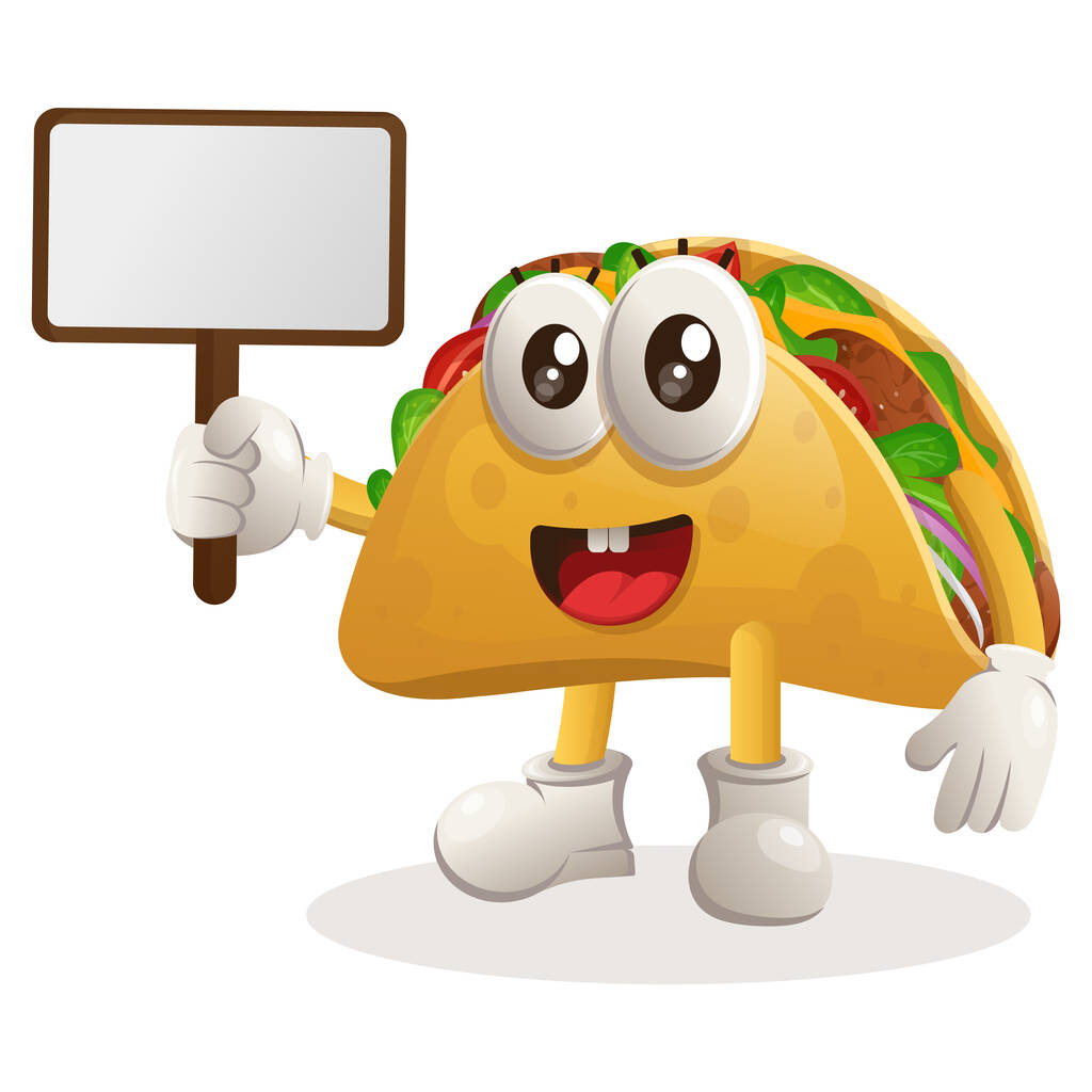 Cute taco maskotka gospodarstwa billboardy na sprzedaż. Idealny do sklepu spożywczego, małych firm lub e-commerce, towarów i naklejki, promocji banerów, blog przeglądu żywności lub vlog channe - Wektor, obraz