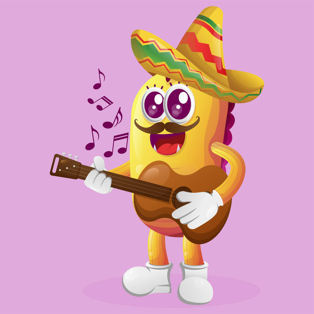 Carino mostro giallo che indossa un cappello messicano con la chitarra. Perfetto per bambini, piccole imprese o e-commerce, merci e adesivi, promozione banner, blog o vlog channe - Vettoriali, immagini