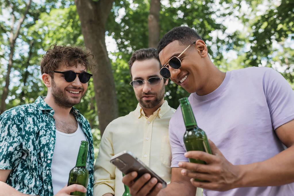 Gülümseyen Afrikalı Amerikalı adam cep telefonunu yeşil parktaki bira şişeleriyle moda arkadaşlarına gösteriyor. - Fotoğraf, Görsel