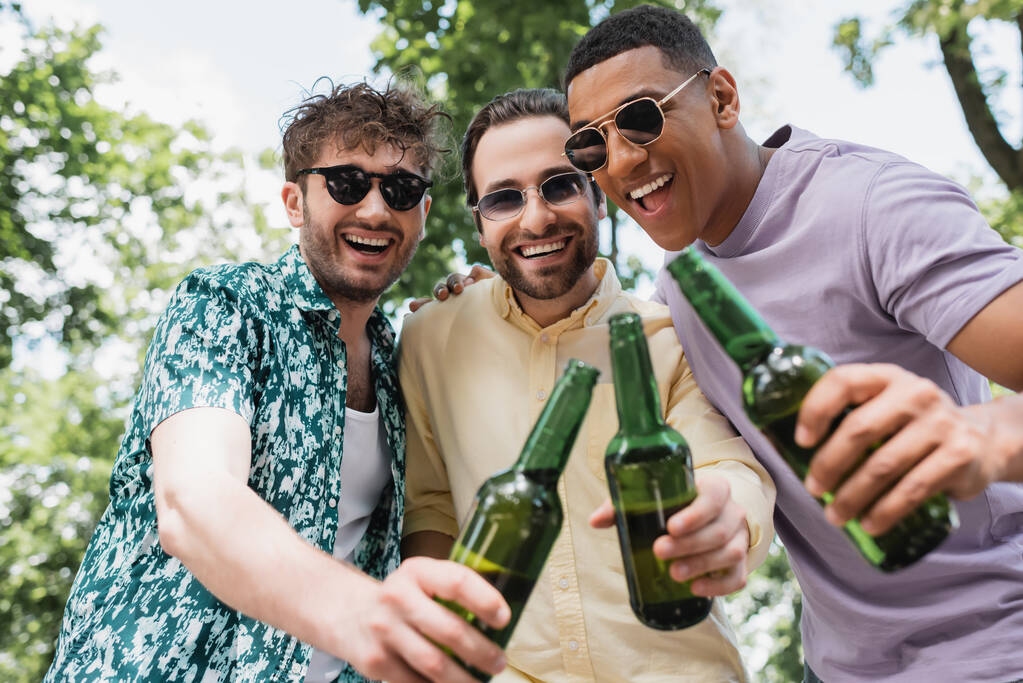 overjoyed multicultural friends in sunglasses clinking beer bottles in summer park - Photo, Image