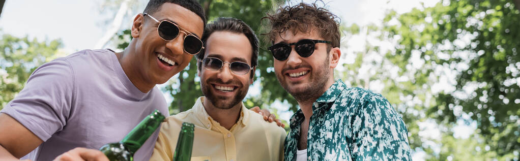 fröhliche und stilvolle multiethnische Männer mit Sonnenbrille lächeln in die Kamera neben Bierflaschen im Park, Transparent - Foto, Bild