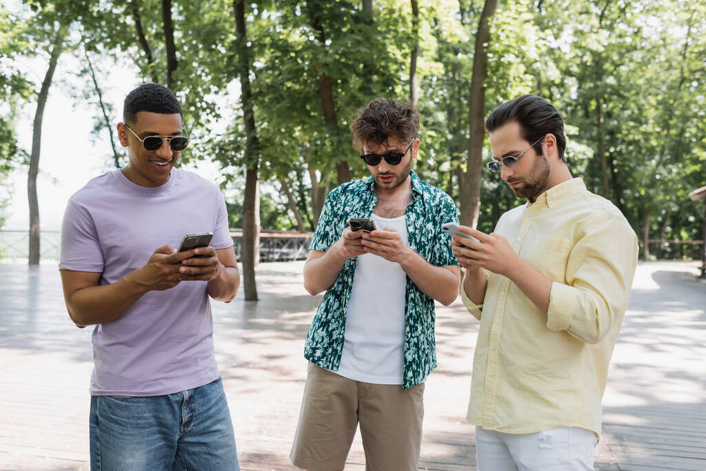 homem americano africano alegre em óculos de sol usando telefone celular com amigos elegantes no parque da cidade - Foto, Imagem