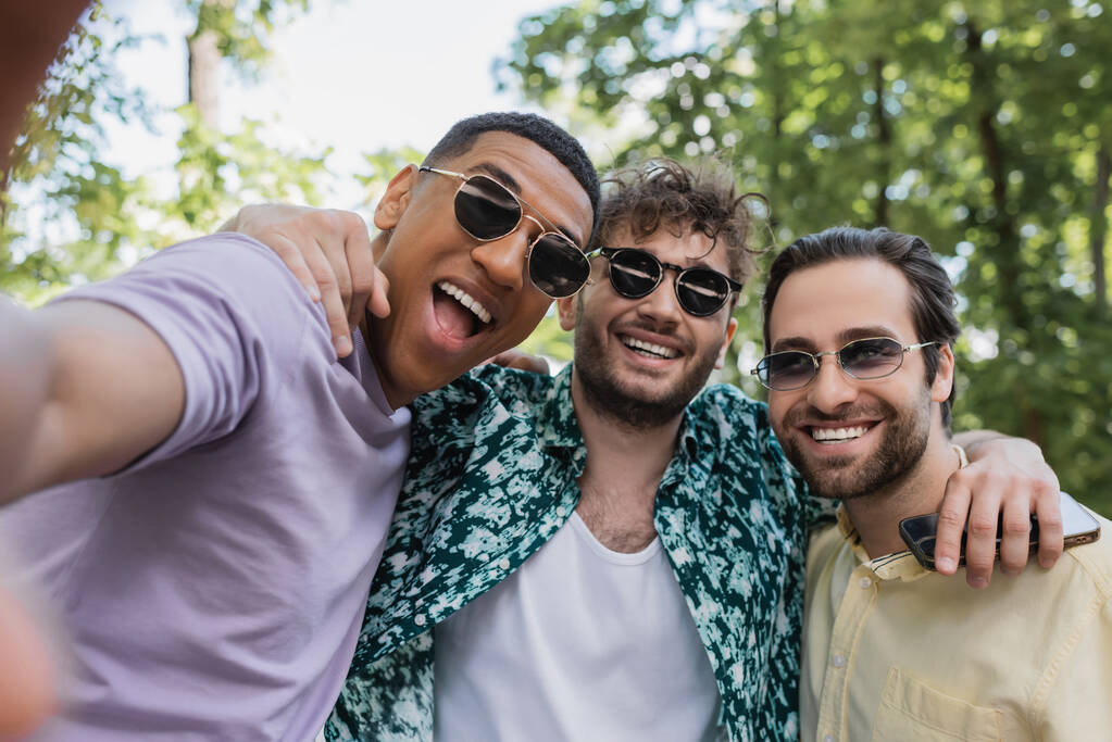 Захоплені міжрасові друзі в сонцезахисних окулярах обіймаються в літньому парку
  - Фото, зображення
