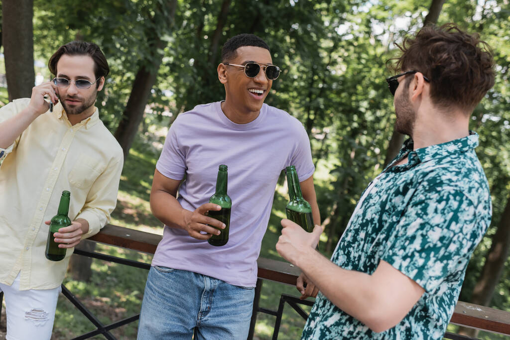 African american man in sunglasses holding bottle of beer while spending time with friends in park  - Photo, Image