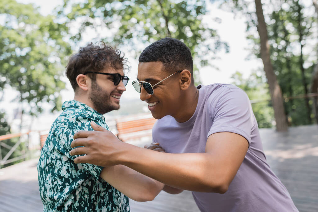 Позитивні багатоетнічні друзі в сонцезахисній зустрічі в літньому парку
  - Фото, зображення
