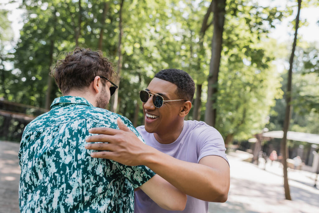 Hombre afroamericano positivo abrazando a amigo en gafas de sol en el parque de verano  - Foto, imagen