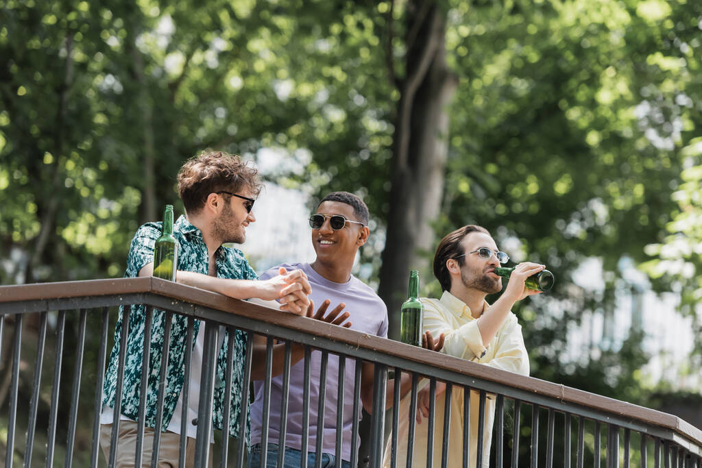 夏の公園の柵の上でビールの近くで話してサングラスで肯定的な多民族の友人  - 写真・画像