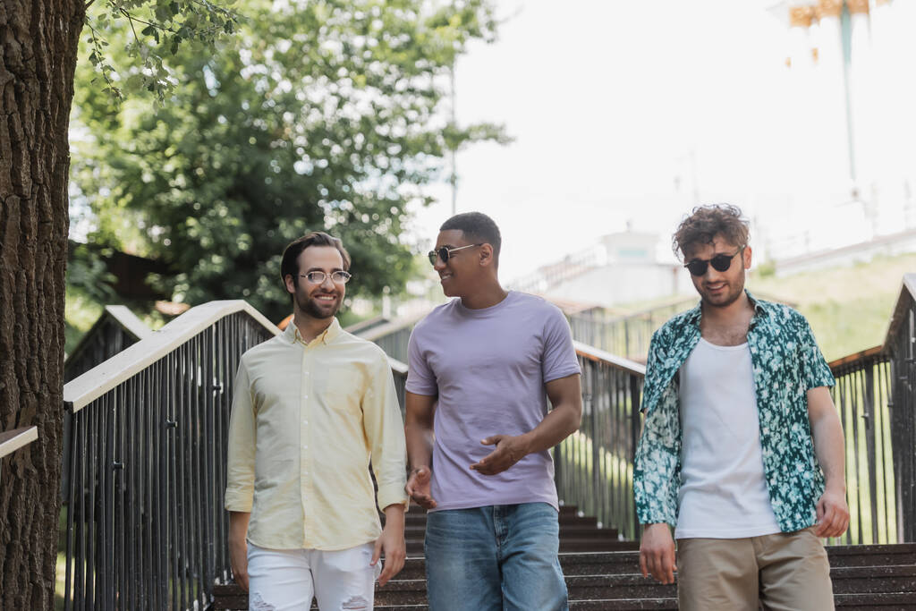 公園の階段を歩いている間に友達と話すサングラスのアフリカ系アメリカ人男性  - 写真・画像