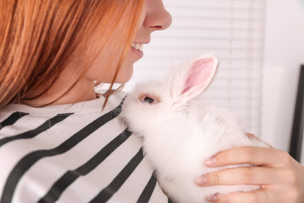 Жінка з пухнастим білим кроликом в приміщенні, крупним планом. мила тварина
 - Фото, зображення