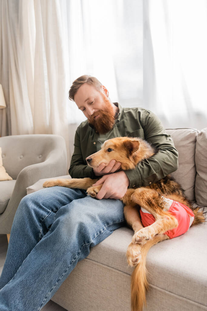 Γενειοφόρος άντρας αγκαλιάζει ανάπηρο σκύλο ενώ κάθεται στον καναπέ στο σπίτι  - Φωτογραφία, εικόνα