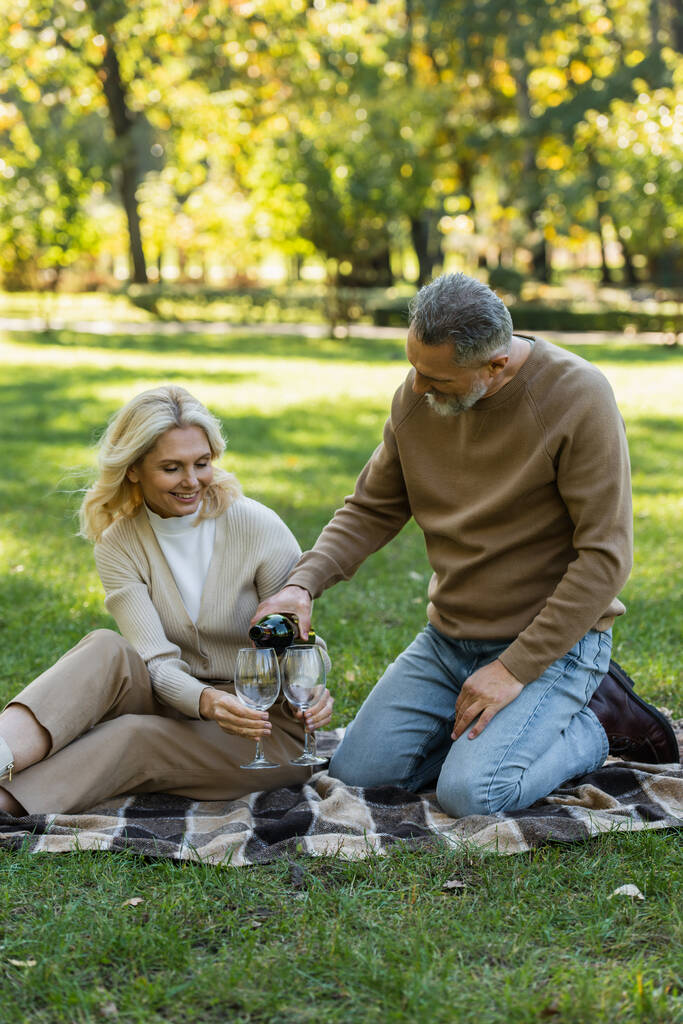 中年の男が公園でピクニック中に幸せな妻の近くのガラスにワインを注ぐ  - 写真・画像