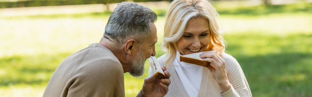 šťastný pár středního věku jíst chutné klubové sendviče během pikniku v zeleném parku, banner  - Fotografie, Obrázek