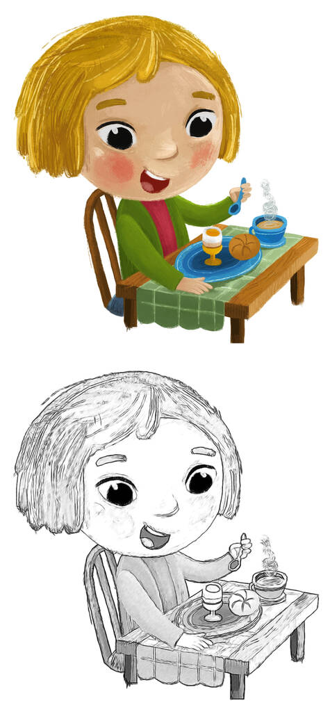 kreslené scény s dívkou malá dáma jíst zdravé snídaně ilustrace pro děti - Fotografie, Obrázek