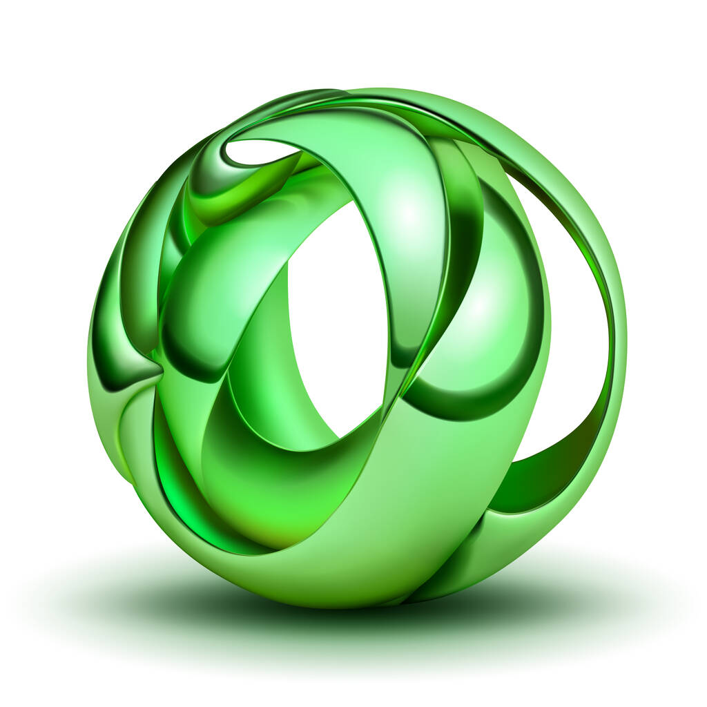 Figura abstracta hecha de placas verdes, curvadas y entrelazadas en forma de esfera, con reflejos y sombras sobre un fondo blanco - Vector, Imagen
