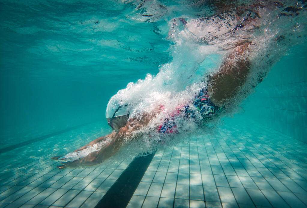 Una nuotatrice di talento si tuffa in un pool di tornei a grandezza naturale per allenarsi o competere.  - Foto, immagini