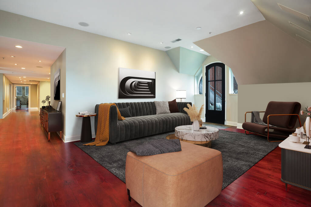 interior de una elegante sala de estar con sofá, diseño de renderizado 3d - Foto, imagen